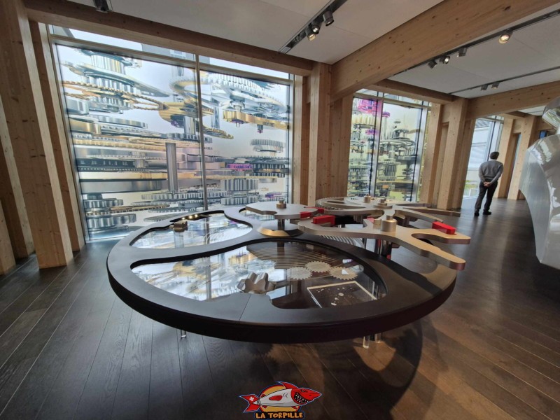 L'art horloger : On y trouve des montres historiques exposées dans une vitrine de 50 mètres de long, illustrant l'évolution du design et de la technologie d'Omega. Omega Museum, Bienne.