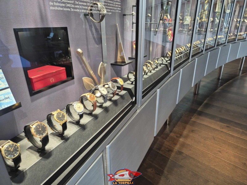 L'art horloger : On y trouve des montres historiques exposées dans une vitrine de 50 mètres de long, illustrant l'évolution du design et de la technologie d'Omega. Omega Museum, Bienne.