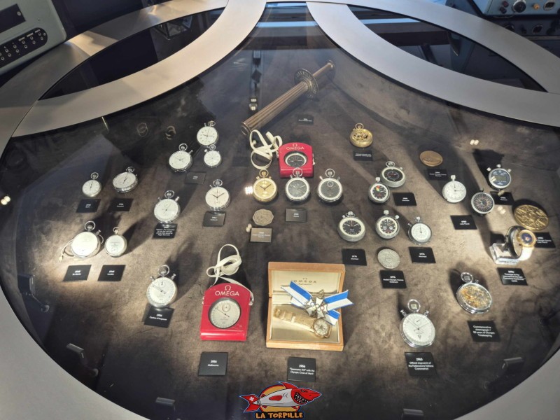 Le chronométrage sportif : Cette partie du musée présente le rôle d'Omega en tant que chronométreur officiel des Jeux Olympiques, avec des expériences interactives pour tester la précision des chronomètres. Omega Museum, Bienne.