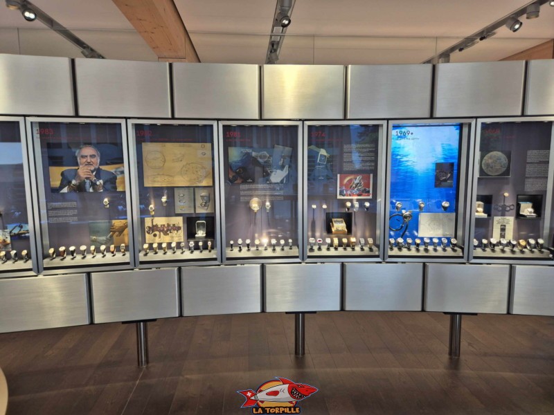 L'art horloger : On y trouve des montres historiques exposées dans une vitrine de 50 mètres de long, illustrant l'évolution du design et de la technologie d'Omega. Omega Museum, Bienne.