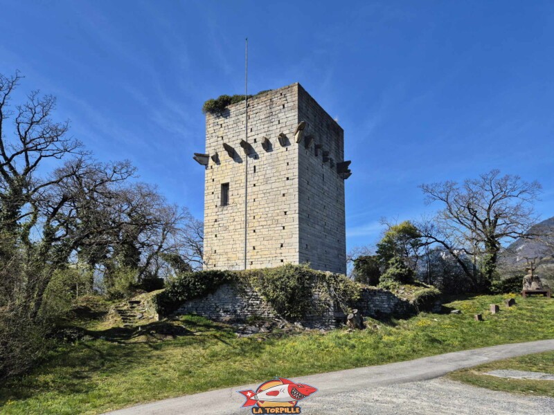 Photo du côté sud de la tour de St-Triphon. Photo du côté sud de la tour de St-Triphon. On peut voir l'emplacement de la porte d'accès médiéval qui se trouvait à plusieurs mètres de hauteur dans les châteaux.