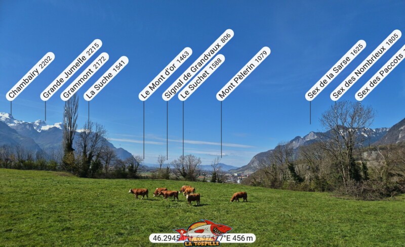 La vue direction nord-nord-ouest depuis la colline de la tour de St-Triphon. Le Grammont, le Mont Pèlerin, le Sex de la Sarse. La vue direction nord-nord-ouest depuis la colline de la tour de St-Triphon. Le Grammont, le Mont Pèlerin, le Sex de la Sarse.