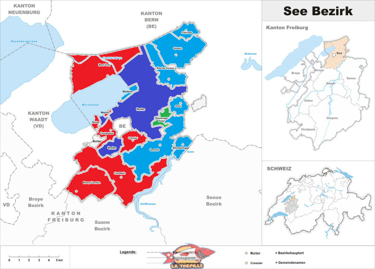 La carte du district du Lac. En rouge, les communes francophones, en violet, Morat, qui est bilingue, en vert, la forêt domaniale et en bleu, les communes germanophones