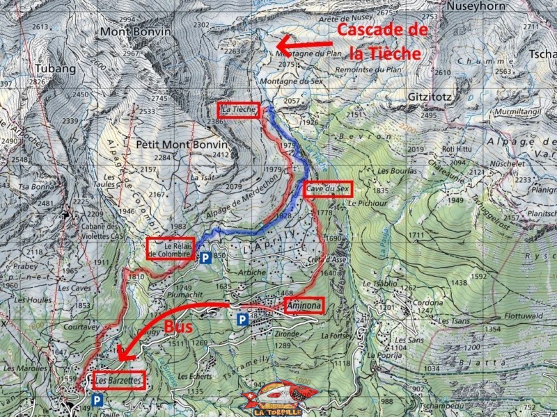 Les différents éléments des parcours. En bleu, le parcours principal, en rouge les variantes. Randonnée au bisse du Tsittoret, Crans-Montana, Valais central.
