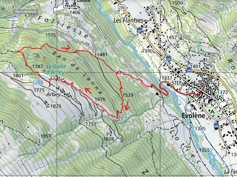 La carte de la balade depuis Evolène vers le Gollié d'Arbey. La carte de la balade depuis Evolène vers le Gollié d'Arbey.