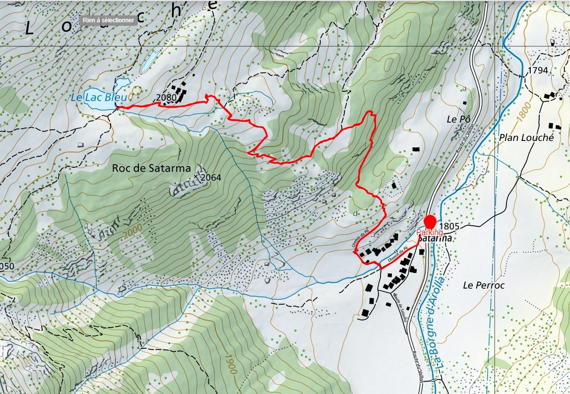 La carte de la balade au lac bleu, aller et retour par le même chemin. Longueur : 2.8 km ; Dénivelé positif : 294 m ; Temps : 1 h 40.