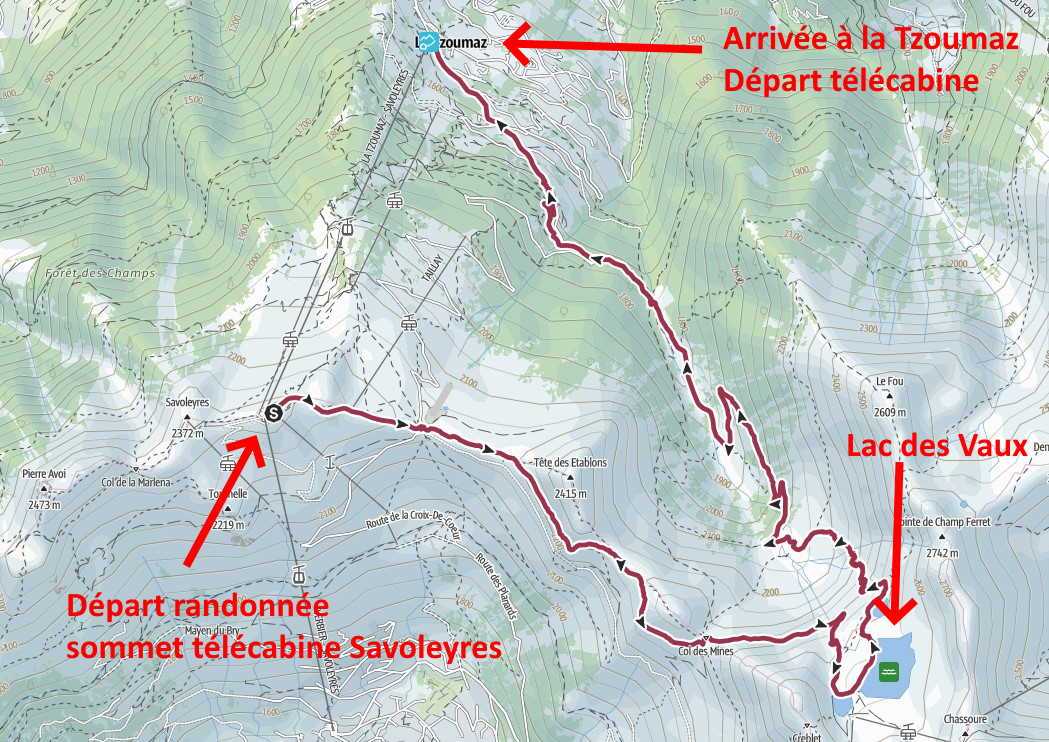 La carte de la randonnée du sommet de la télécabine de Savoleyres jusqu'au départ de cette dernière à la Tzoumaz