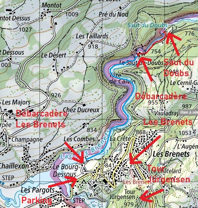 La carte du tour en bâteau (bleu) et la petite balade (rouge) du débarcadère au saut-du-Doubs aller-retour.