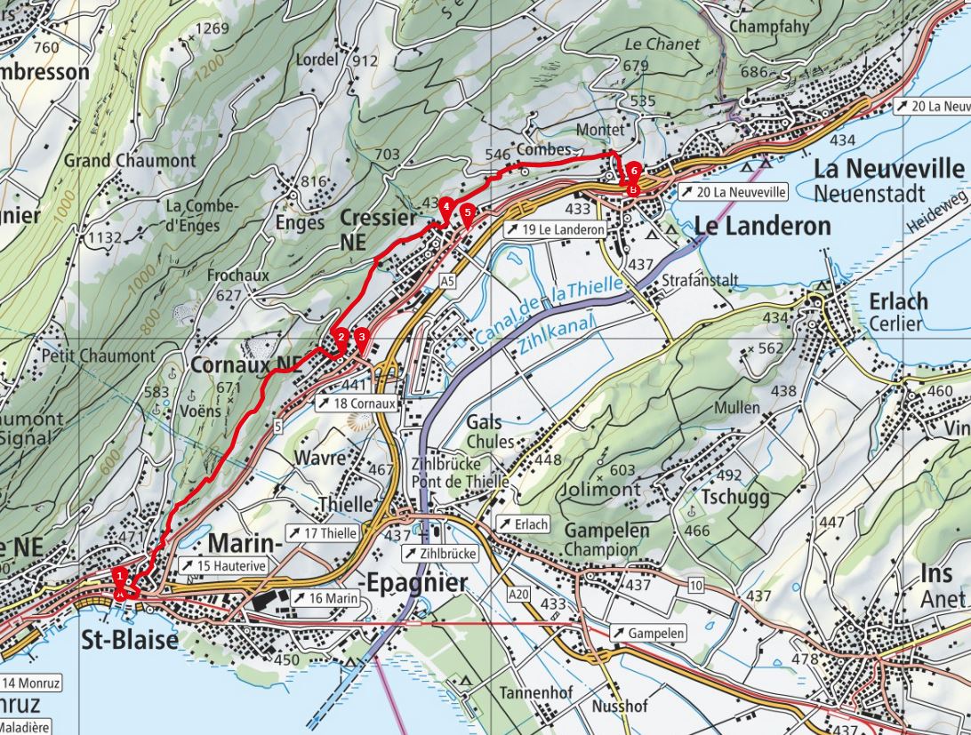 La carte de la balade de St-Blaise au Landeron en passant par Coranux et Cressier dans le canton de Neuchâtel