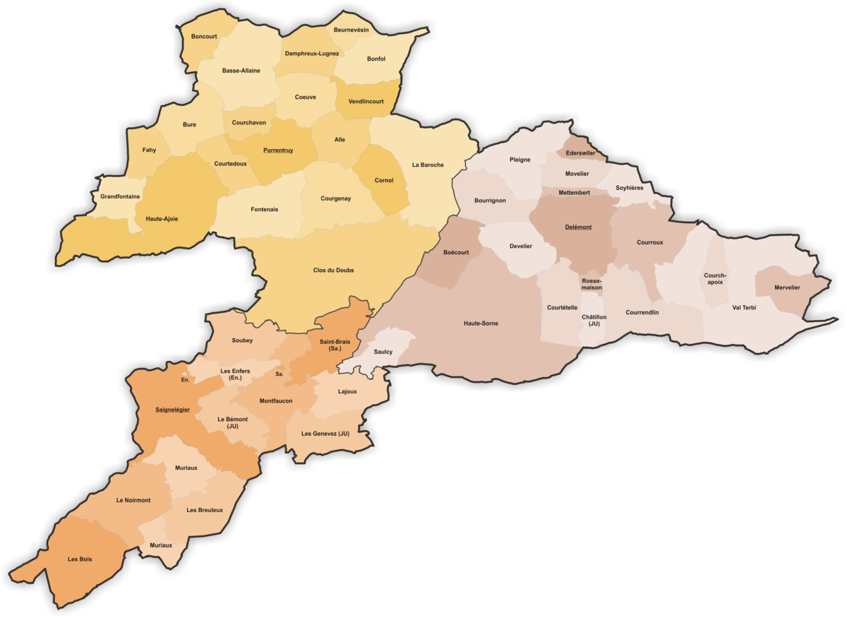 Les districts et les communes du canton du Jura. Image : Wikipédia