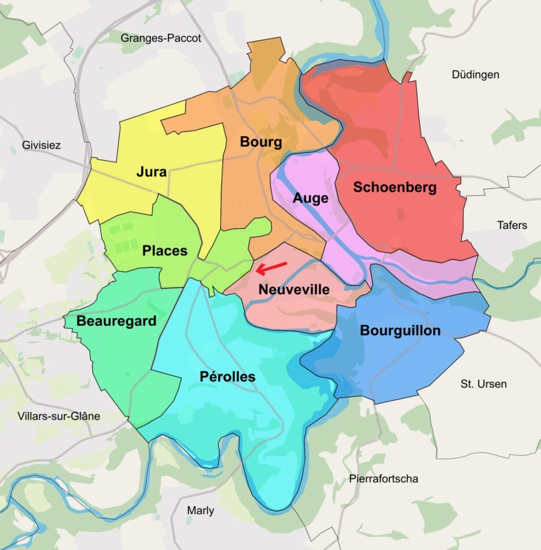 Les quartiers de la ville de Fribourg avec le positionnement du funiculaire.