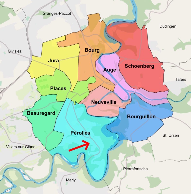 Les quartiers de la ville de Fribourg avec le positionnement du MHNF.