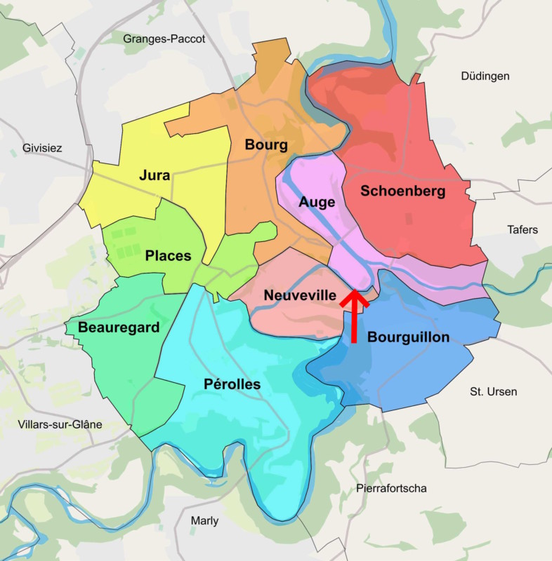 Les quartiers de la ville de Fribourg avec le la position du musée de la marionnette. P