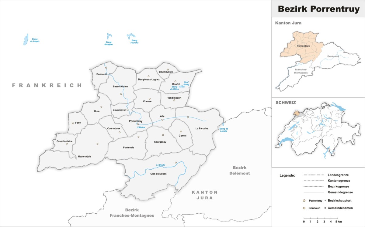 La carte du district de Porrentruy du canton du Jura