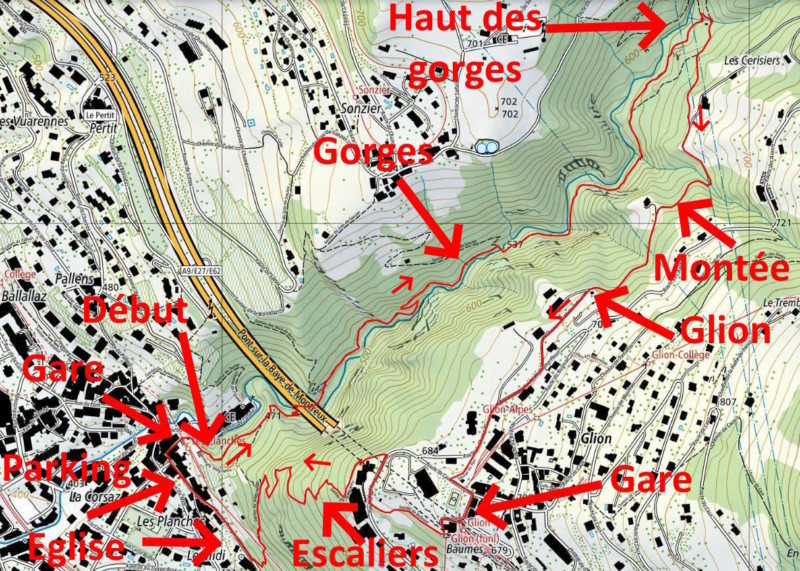 La Torpille propose un parcours sous forme de boucle Planches - gorges du Chauderon - Glion - Planches.