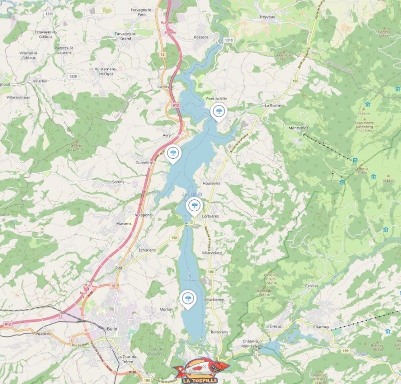 carte des plages du lac de la gruyère