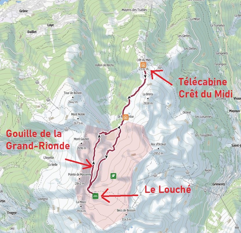 La carte de la randonnée depuis la télécabine du Crêt-du-Midi vers le Louché. 