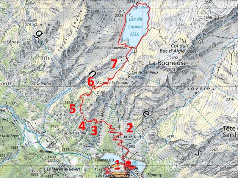 Les étapes de la montée depuis Fionnay jusqu'au lac de Louvie.