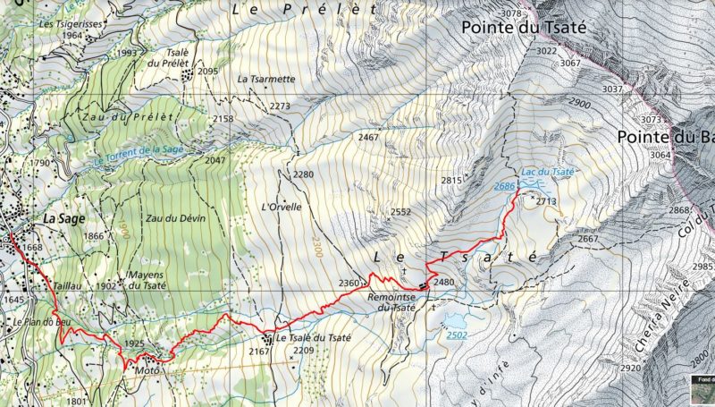 Le parcours de la randonnée de la Sage au lac du Tsaté.