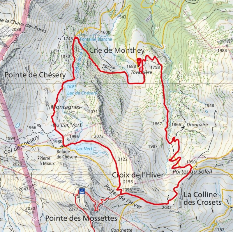 La carte de la randonnée en boucle. lacs vert et chésery