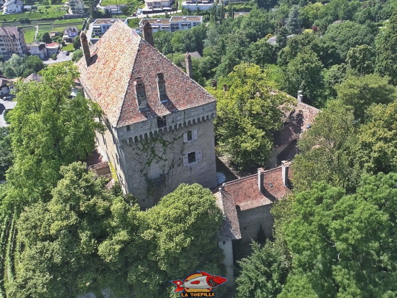 vue de drone, côté est, château du châtelard, montreux