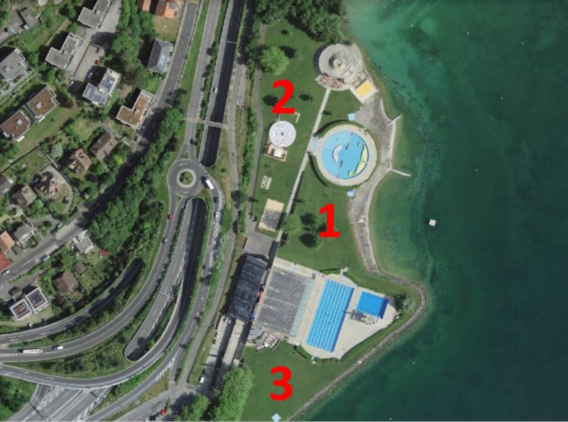 La vue d'avion de la piscine du Nid-du-Crô avec les trois zones herbeuses. 1 : zone est ; 2 : zone ouest ; 3 : zone sud.