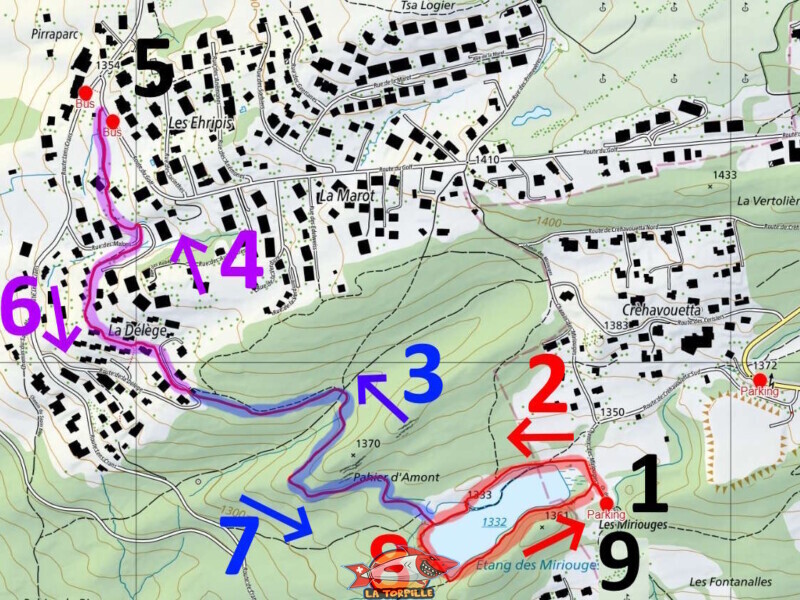 La carte de la balade. Bisse et étang des Miriouges.