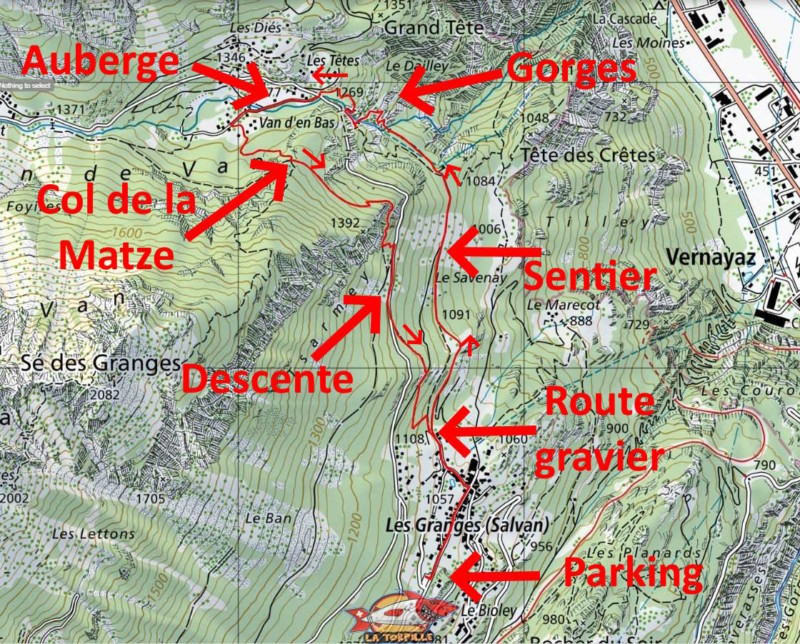 Le parcours en boucle par les gorges du Dailley depuis les Granges.