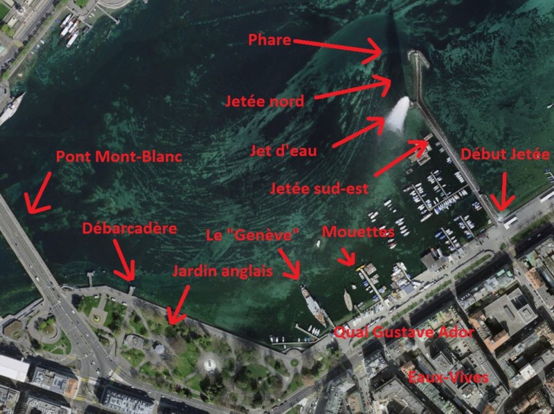Le plan de sitution de la rive gauche de la rade de Genève. Le Jet d'eau, la jetée des Eaux-Vives et le quai Gustave Ador.