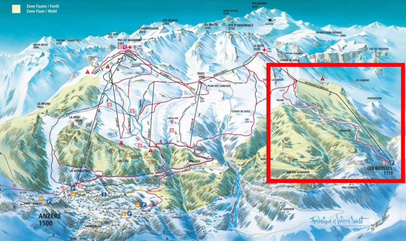 Le plan des pistes de la station de ski de Anzère avec les Rousses, complètement sur la droite. On voit bien sur ce dessin, la distance significative qui sépare les Rousses d'Anzère.