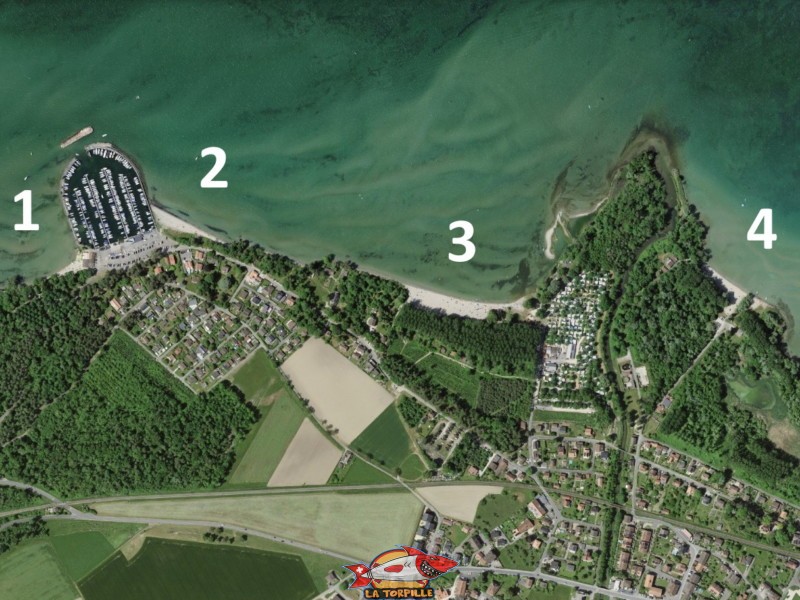 Le plan des quatre plages principales d'Yvonand. Plage et base nautique, les Vikings, Yvonand, lac de Neuchâtel.