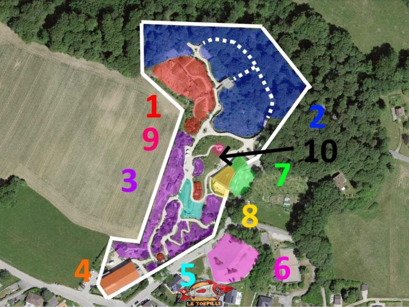 Les différents éléments du zoo de la Garenne. En traits tillés, la passerelle en hauteur.