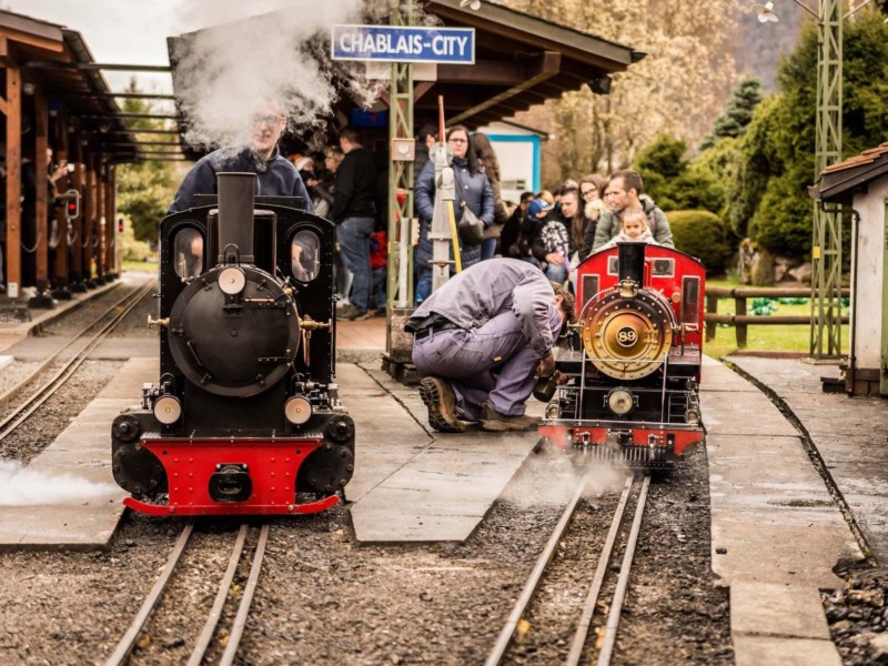 Des trains à vapeur dans la gare principale du parc. Swiss Vapeur Parc, Le Bouveret, canton du Valais. Trains miniatures. Des trains à vapeur dans la gare principale du parc. Swiss Vapeur Parc, Le Bouveret, canton du Valais. Trains miniatures.