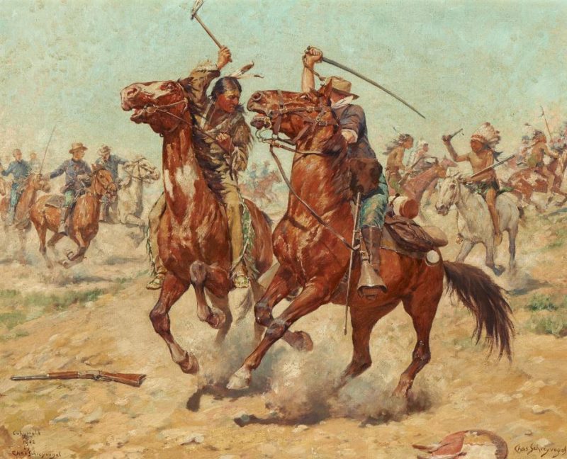 Un combat entre un soldat américain armé d'un sabre et un Indien armé lui d'une hache tomahawk. 