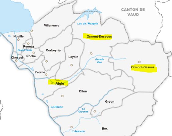 Une carte avec les communes d'Aigles, Ormont-Dessous et Ormont-Dessus.