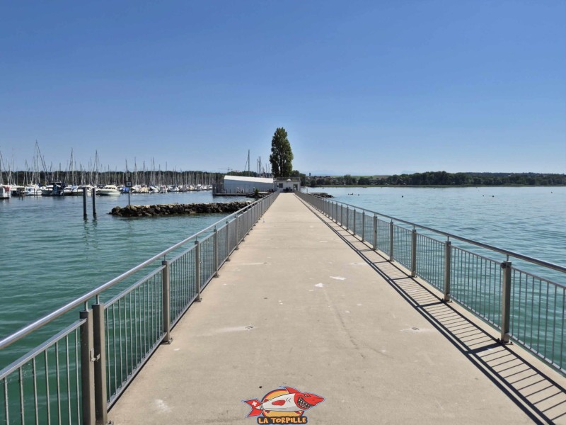 Le ponton depuis le débarcadère en direction de la plage et du port. Débarcadère de Chevroux, lac de Neuchâtel, Broye-Vully, canton de Vaud.