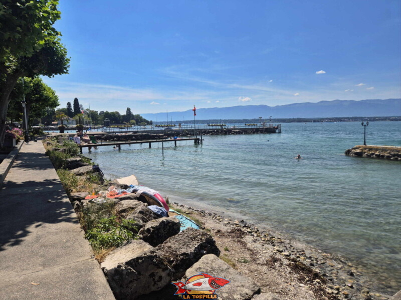 Depuis le quai. Plage du port de Corsier, canton de Genève.