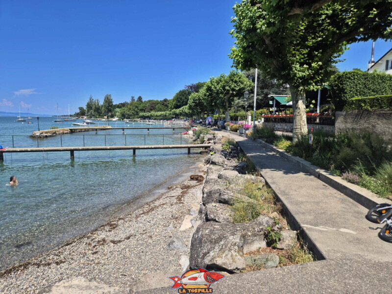 La petite plage en gravier du port de Corsier.