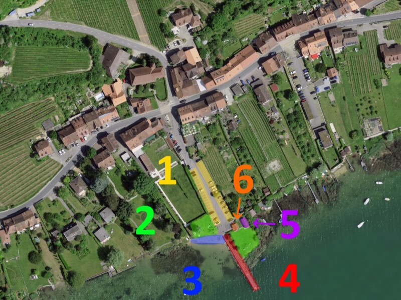 Le plan du bord du lac à Môtier. Plage de Môtier, Mont-Vully, lac de Morat, canton de Fribourg.