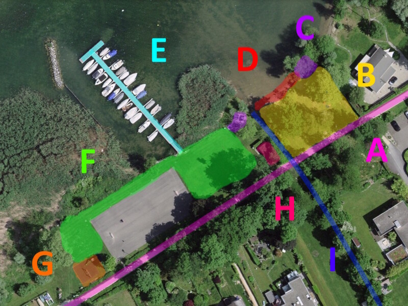 Le plan de la plage municipale de Montilier. Plage municipale de Montilier, région du lac, canton de Fribourg, lac de Morat.