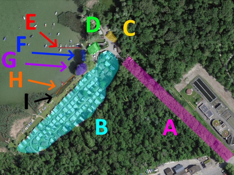 Le plan de la plage du camping Muntelier. Plage du Camping Muntelier, région Morat.