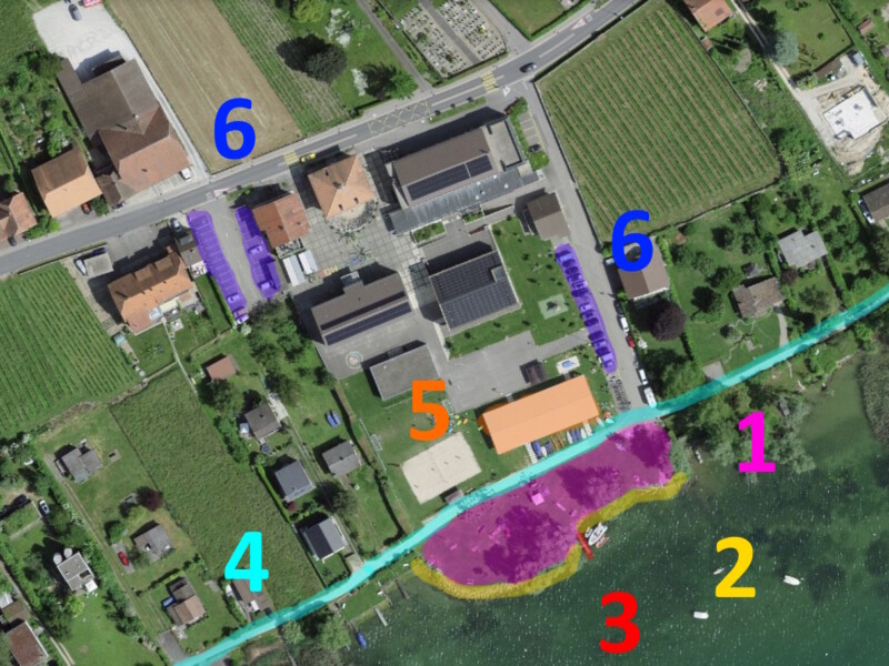 Le plan de la plage de Nant. Plage de Nant, Mont-Vully, Lac de Morat, Canton de Fribourg.