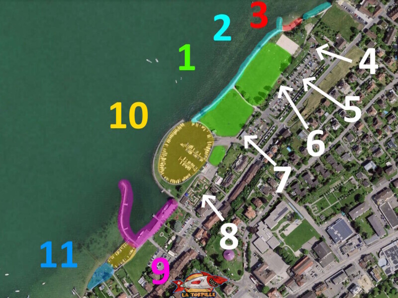 Le plan de la plage de loisirs Pantschau. Freizeitwiese Pantschau beim Hafen in Murten Le plan de la plage de loisirs Pantschau. Freizeitwiese Pantschau beim Hafen in Murten