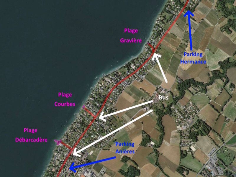 Le plan des 3 plages de la commune d'Anières avec les parkings d'accès et arrêts de bus de la ligne E. Le plan des 3 plages de la commune d'Anières avec les parkings d'accès et arrêts de bus de la ligne E.