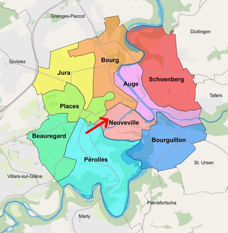 Les quartiers de la ville de Fribourg avec la position de Friart.