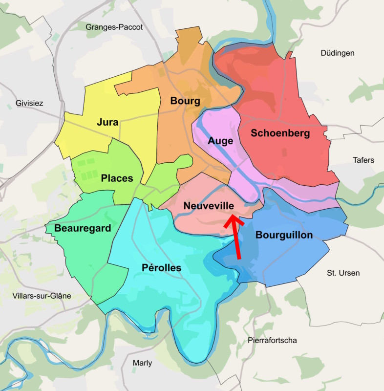 Les quartiers de la ville de Fribourg avec la position du Werkhof dans lequel se trouve l'espace 1606