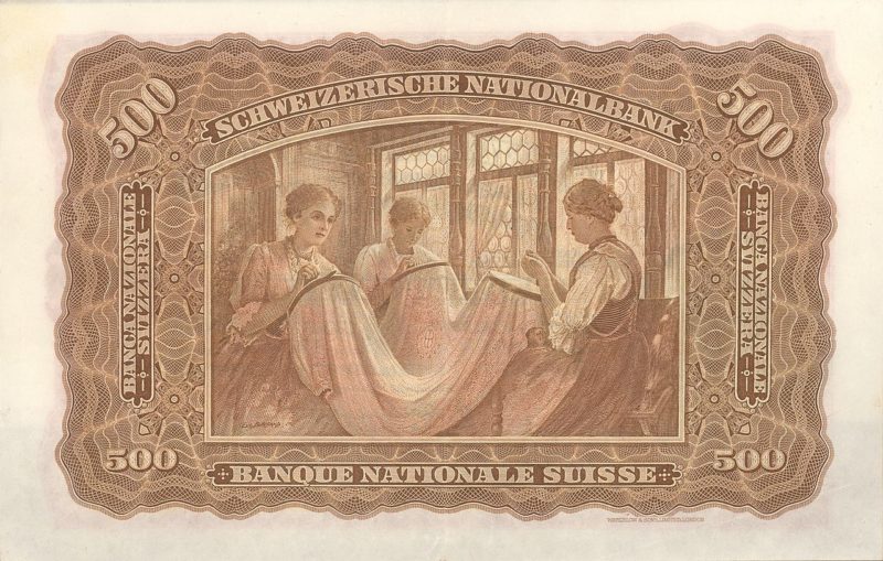 Un ancien billet de 500 francs dont le verso reprend le tableau "Les Brodeuses" de Burnand