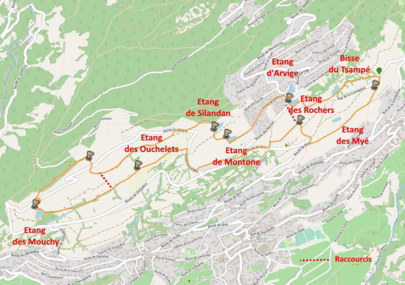 La carte de la balade des étangs de Savièse. Un parking se trouve au niveau de l'étang des rochers.