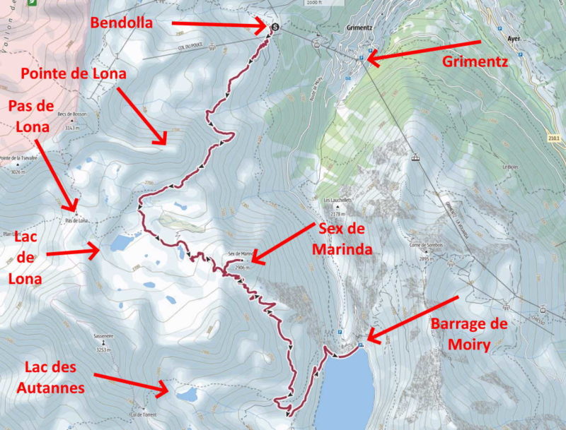 La carte de la randonnée entre Grimentz et Moiry par le lac de Lona.