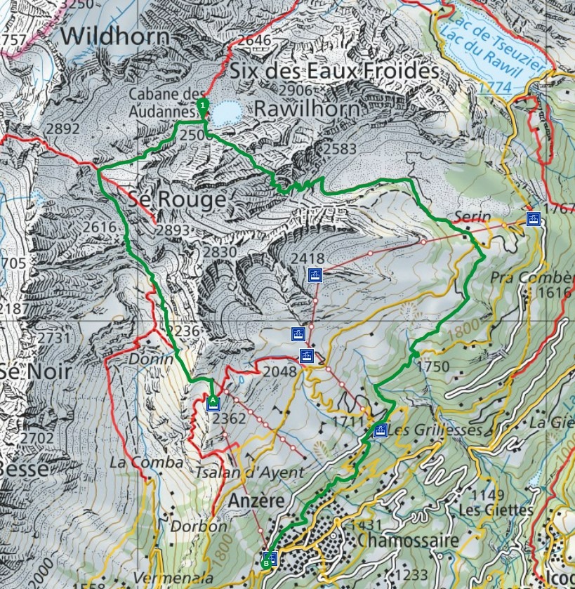  La carte de la balade passant par le lac des Audannes (A vers B). La longueur de la randonnée est de 16.6 km pour 5 heures 45 minutes de marche. Le dénivelé positif est de 633 mètres.
